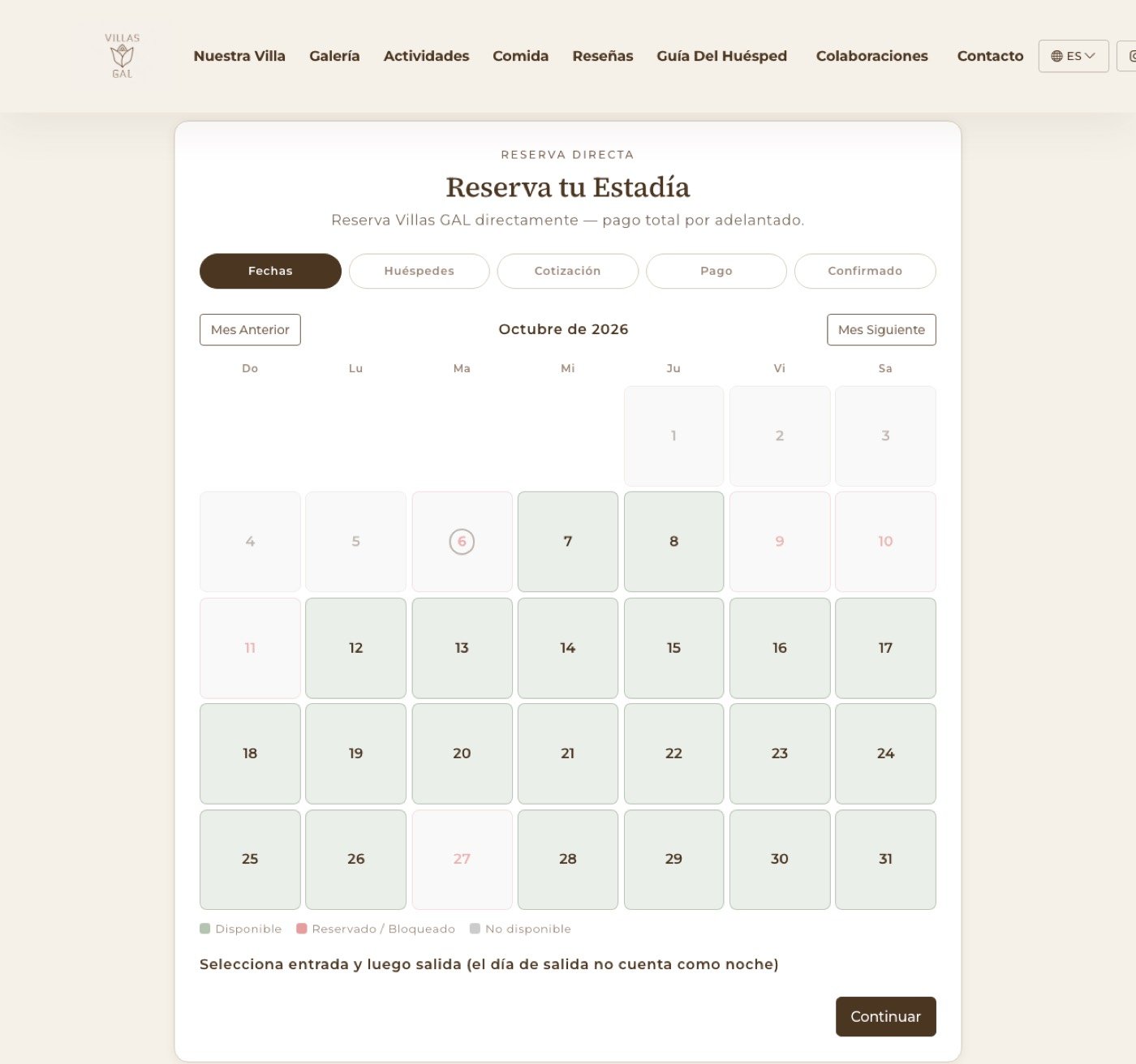 Villas GAL direct booking page showing an October 2026 calendar with available, booked, and unavailable nights.
