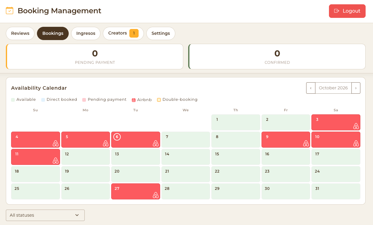 Booking management screen with an October 2026 calendar, pending and confirmed counts, and nights marked for Airbnb.