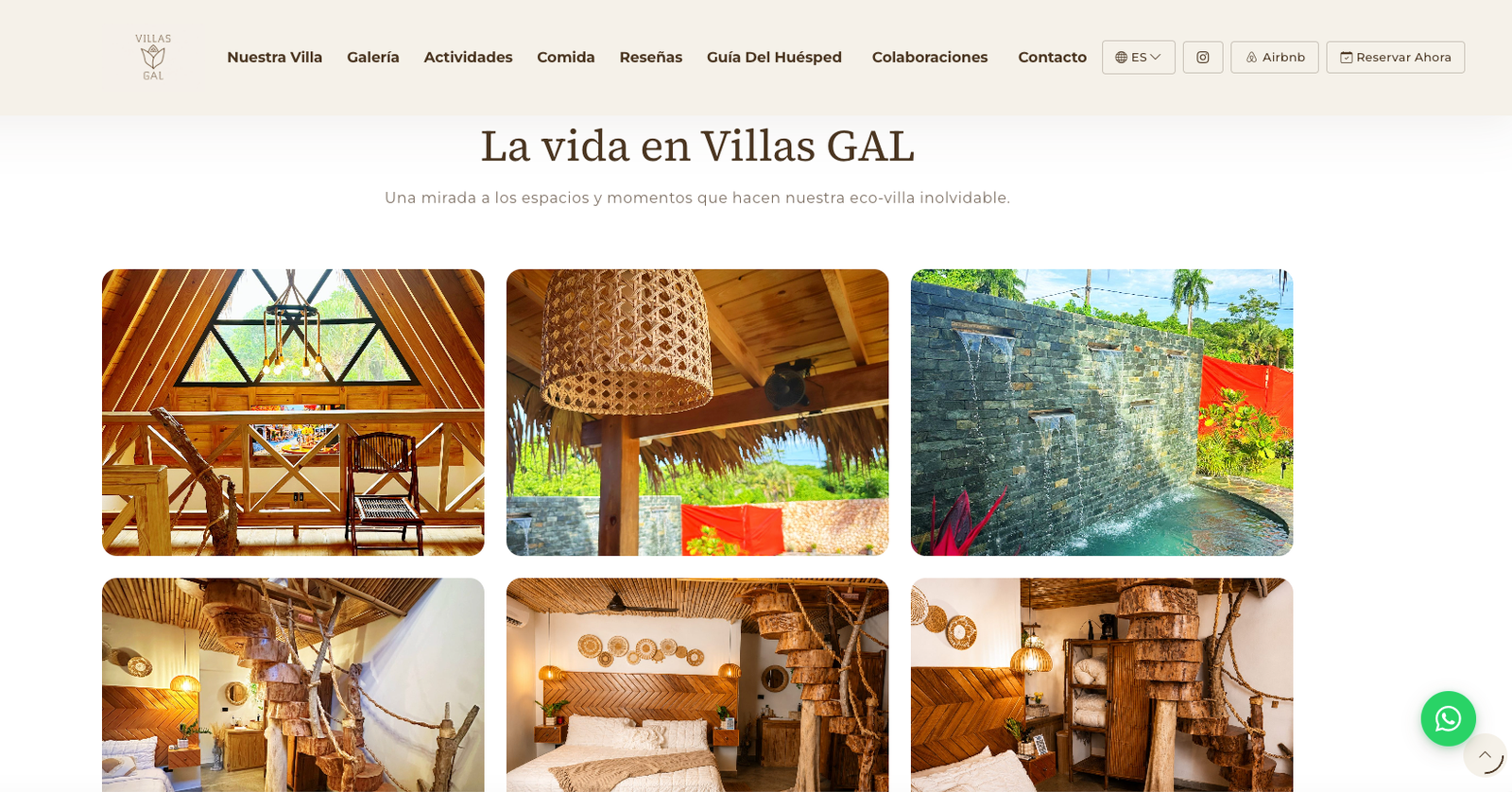 The Villas GAL gallery, titled La vida en Villas GAL, with six photographs of the interior and the outdoor waterfall.